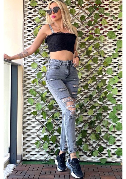Lazer Kesim Mom Jean Kadın Pantolon 1037-046 Gri fiyatları