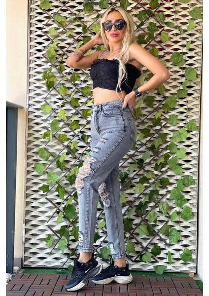 Lazer Kesim Mom Jean Kadın Pantolon 1037-046 Gri modelleri