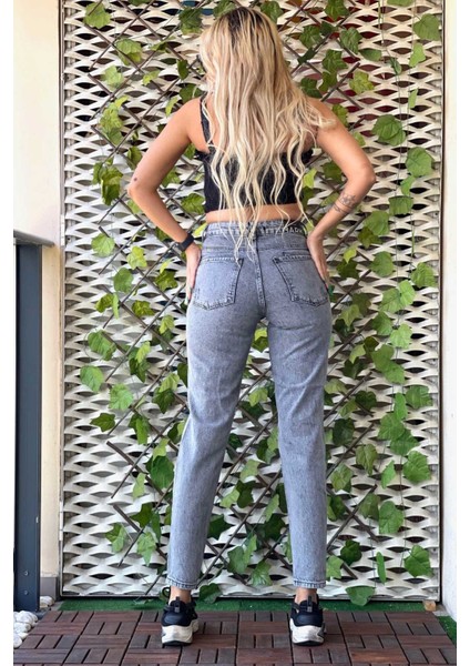 Lazer Kesim Mom Jean Kadın Pantolon 1037-046 Gri fırsatları
