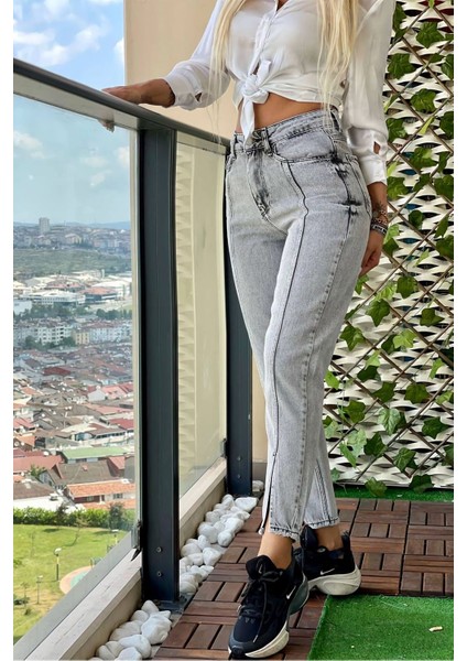 Önden Yırtmaçlı Kadın Mom Jean Pantolon 4074-830 Gri fiyatları