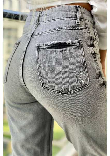 Önden Yırtmaçlı Kadın Mom Jean Pantolon 4074-830 Gri modelleri