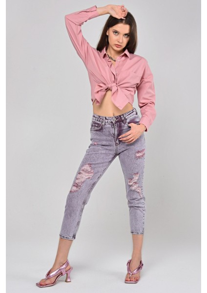 Lazer Kesim Kadın Mom Jean Pantolon 1037-863 Mor