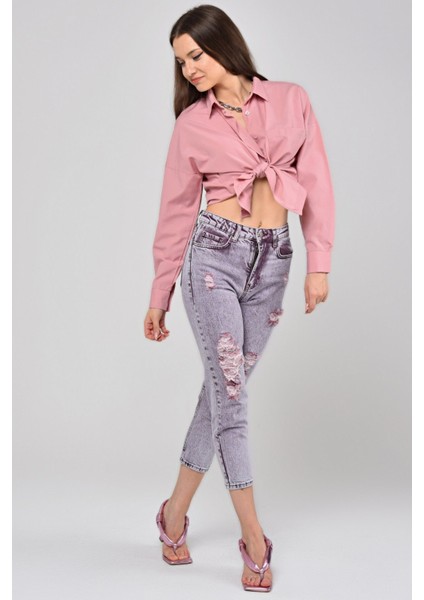 Lazer Kesim Kadın Mom Jean Pantolon 1037-863 Mor fiyatları