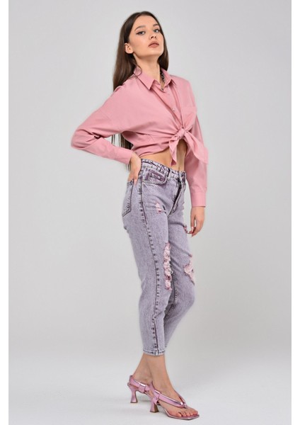 Lazer Kesim Kadın Mom Jean Pantolon 1037-863 Mor modelleri