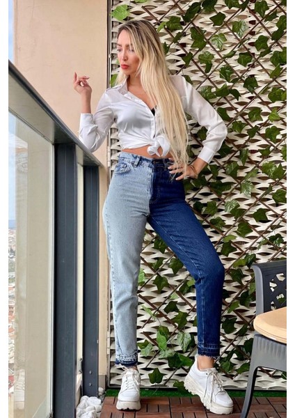 Çift Renk Bilek Boy Kadın Mom Jean Pantolon 4013 Mavi