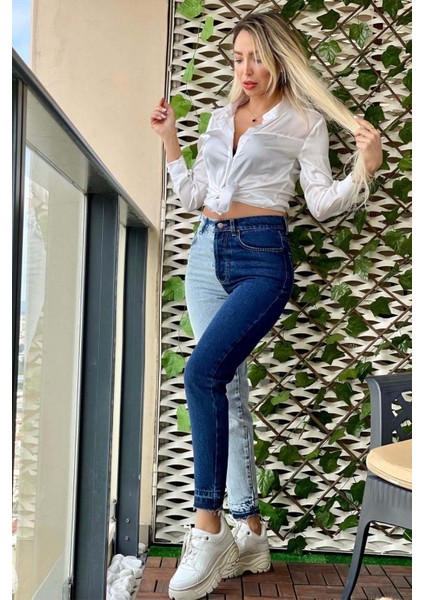 Çift Renk Bilek Boy Kadın Mom Jean Pantolon 4013 Mavi fiyatları
