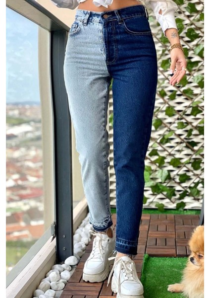 Çift Renk Bilek Boy Kadın Mom Jean Pantolon 4013 Mavi modelleri