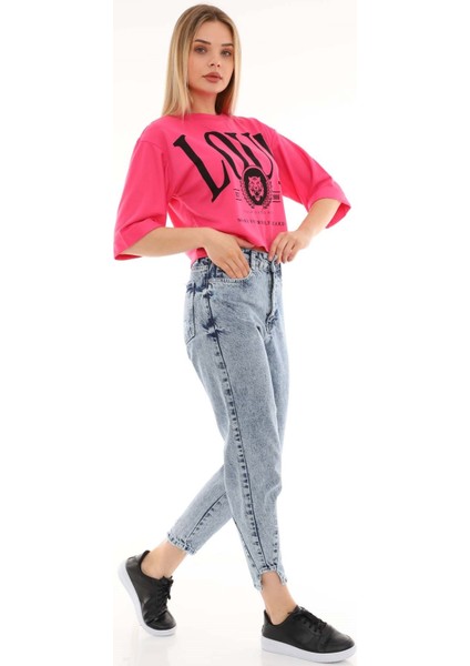 Kar Yıkama Bilek Boy Kadın Mom Jean Pantolon 4063-812 Mavi modelleri