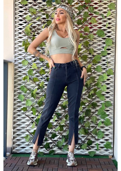 Önden Yırtmaçlı Kadın Mom Jean Pantolon 4074-830 Siyah