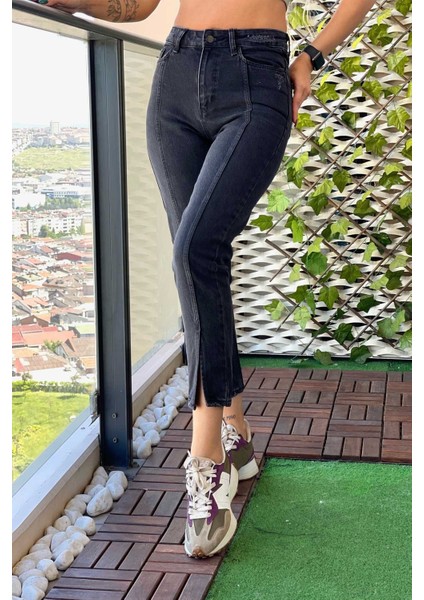Önden Yırtmaçlı Kadın Mom Jean Pantolon 4074-830 Siyah fiyatları