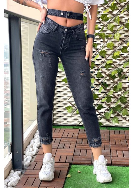 Çift Kemer Lazer Detaylı Mom Jean Kadın Pantolon 4610-096 Siyah fiyatları