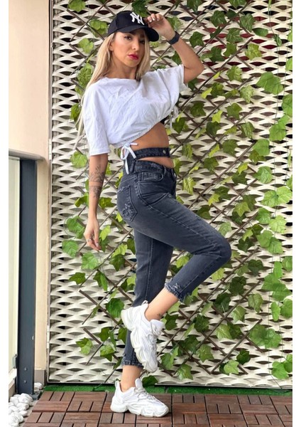Çift Kemer Lazer Detaylı Mom Jean Kadın Pantolon 4610-096 Siyah modelleri