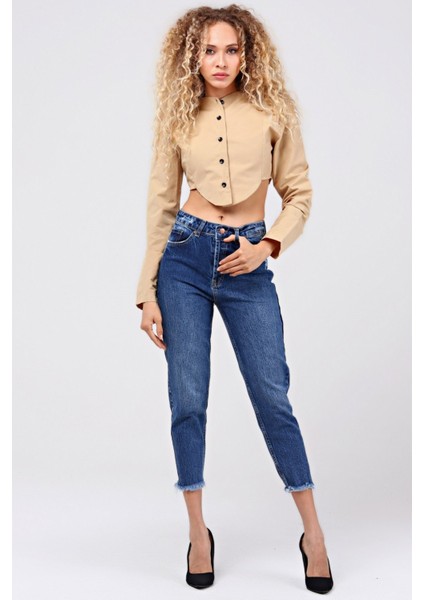 Paça Püsküllü Mom Jean Kadın Pantolon 4037-189 Mavi