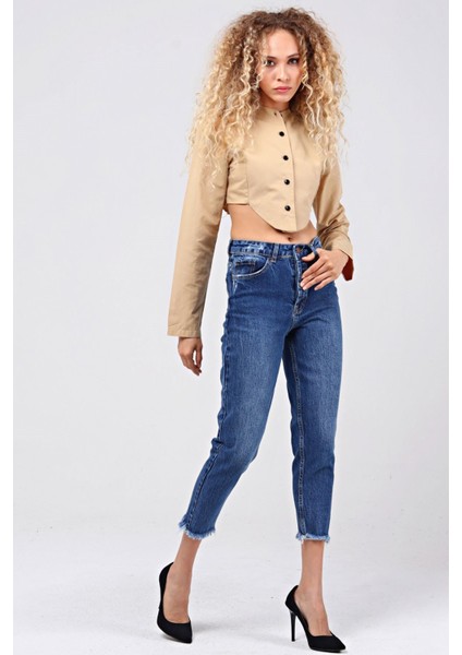 Paça Püsküllü Mom Jean Kadın Pantolon 4037-189 Mavi fiyatları