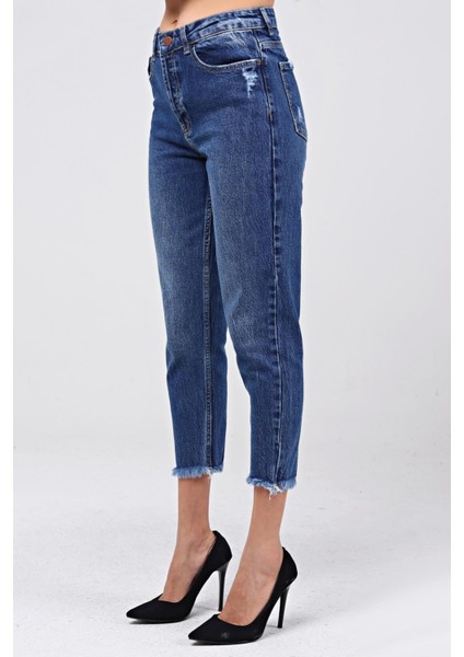 Paça Püsküllü Mom Jean Kadın Pantolon 4037-189 Mavi fırsatları