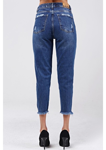 Paça Püsküllü Mom Jean Kadın Pantolon 4037-189 Mavi indirimleri