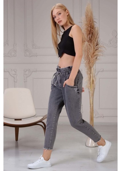 Belden Lastikli Kadın Mom Jean Pantolon 1149-853 Koyu Gri modelleri