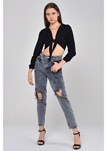 Lazer Kesim Kar Yıkama Mom Jean Kadın Pantolon 4256-055 Koyu Mavi