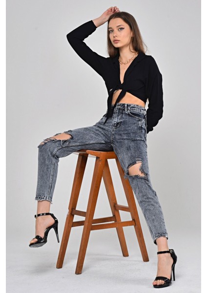 Lazer Kesim Kar Yıkama Mom Jean Kadın Pantolon 4256-055 Koyu Mavi fiyatları