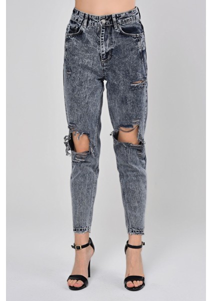 Lazer Kesim Kar Yıkama Mom Jean Kadın Pantolon 4256-055 Koyu Mavi modelleri
