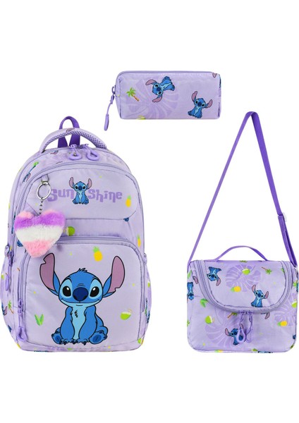 Stitch Baskılı Anahtarlıklı Okul Çantası Termal Beslenme ve Kalemlik Seti