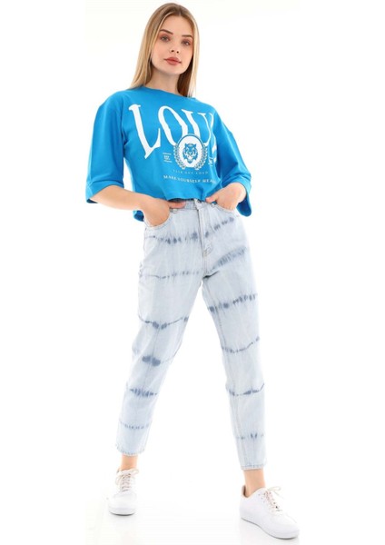 Kadın Mom Jean Pantolon 1037-780B Buz Mavisi modelleri