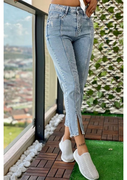 Önden Yırtmaçlı Kadın Mom Jean Pantolon 4074-830 Açık Mavi