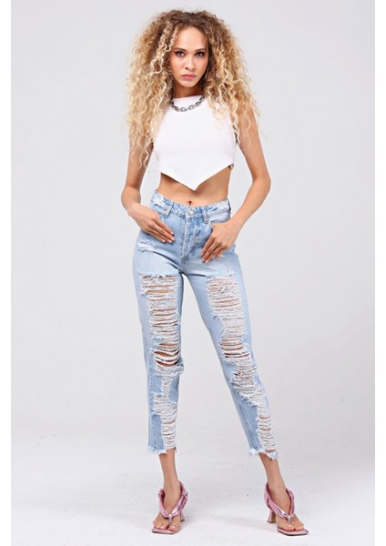 Lazer Kesim Mom Jean Kadın Pantolon 1037-173 Buz Mavisi