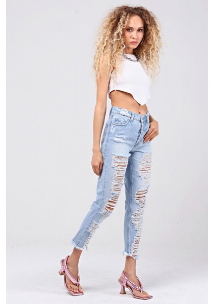 Lazer Kesim Mom Jean Kadın Pantolon 1037-173 Buz Mavisi fiyatları