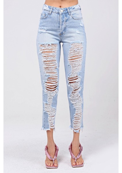 Lazer Kesim Mom Jean Kadın Pantolon 1037-173 Buz Mavisi modelleri