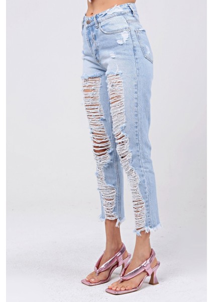 Lazer Kesim Mom Jean Kadın Pantolon 1037-173 Buz Mavisi fırsatları