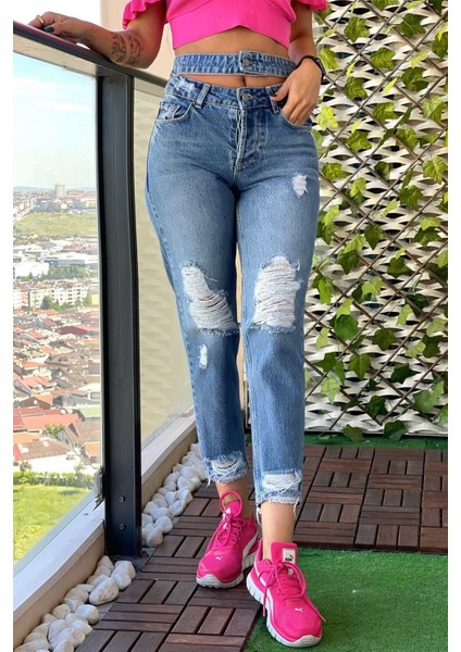 Çift Kemer Lazer Detaylı Mom Jean Kadın Pantolon 4610-152 Mavi fiyatları