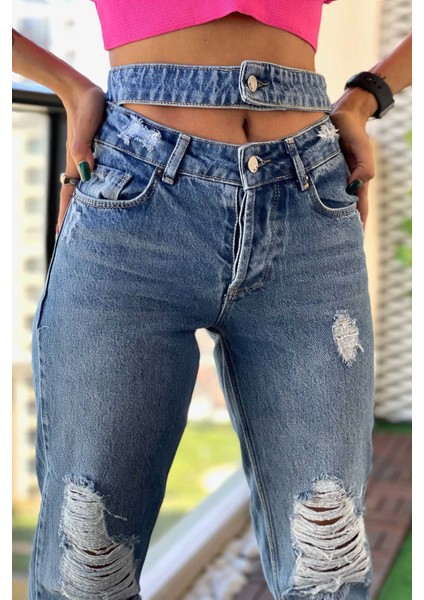 Çift Kemer Lazer Detaylı Mom Jean Kadın Pantolon 4610-152 Mavi modelleri