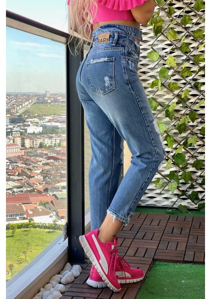 Çift Kemer Lazer Detaylı Mom Jean Kadın Pantolon 4610-152 Mavi fırsatları