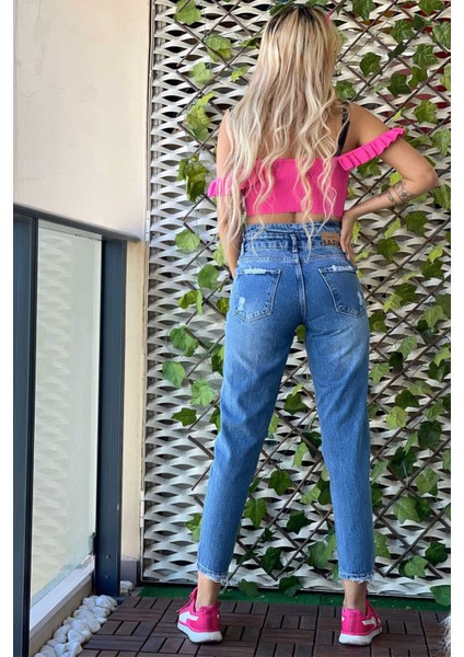 Çift Kemer Lazer Detaylı Mom Jean Kadın Pantolon 4610-152 Mavi indirimleri