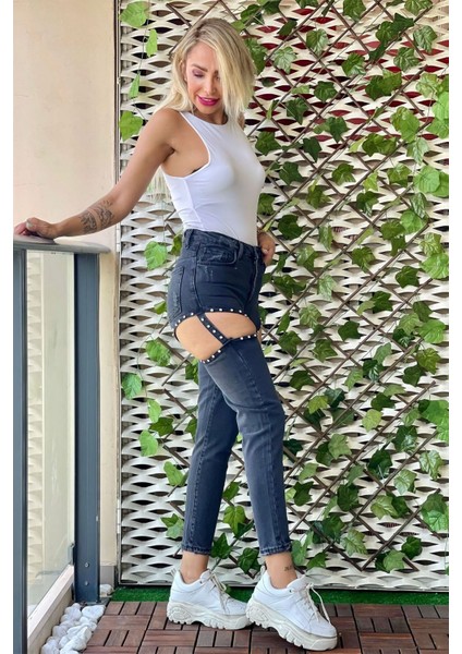 Taş Detaylı Kadın Mom Jean Pantolon 4057-896 Siyah