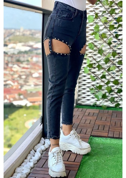 Taş Detaylı Kadın Mom Jean Pantolon 4057-896 Siyah modelleri