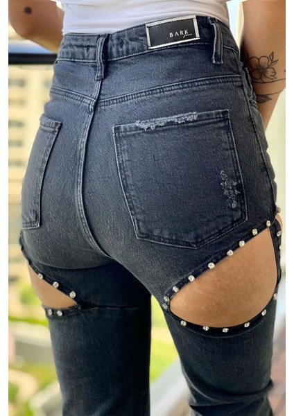 Taş Detaylı Kadın Mom Jean Pantolon 4057-896 Siyah indirimleri