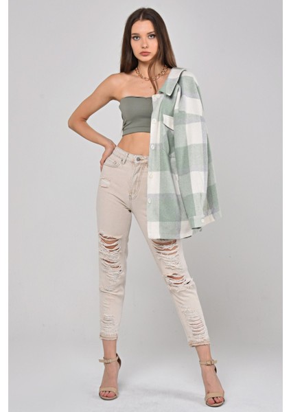 Lazer Kesim Kadın Mom Jean Pantolon 1037-860 Krem