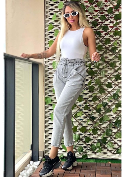 Belden Lastikli Kadın Mom Jean Pantolon 1149-853 Gri fiyatları