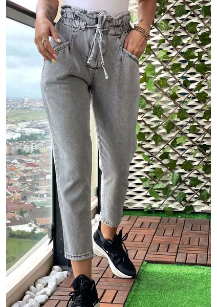 Belden Lastikli Kadın Mom Jean Pantolon 1149-853 Gri modelleri