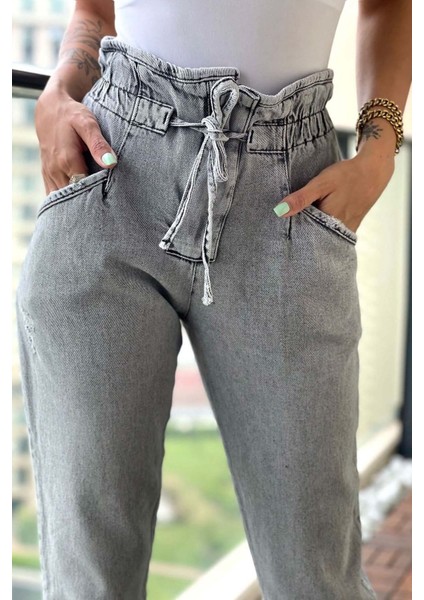 Belden Lastikli Kadın Mom Jean Pantolon 1149-853 Gri fırsatları