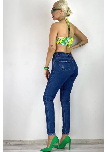 Kalp Lazerli Mom Jean Kadın Pantolon 1037-276 Mavi fiyatları