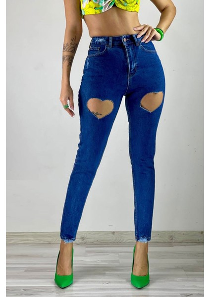 Kalp Lazerli Mom Jean Kadın Pantolon 1037-276 Mavi modelleri