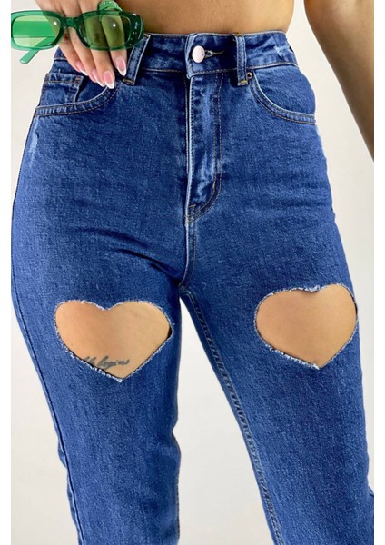 Kalp Lazerli Mom Jean Kadın Pantolon 1037-276 Mavi fırsatları