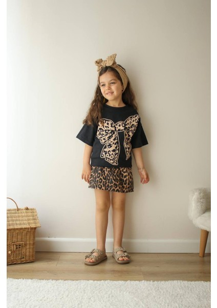 Kız Çocuk Leopar Desenli Etekli Bluz Ikili Takım Kız Çocuk Bayramlık Takım Kız Çocuk Yazlık Takım
