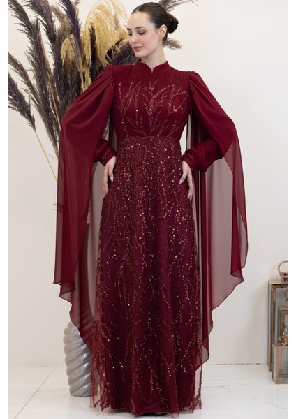 Kolları Pelerinli Ezgi Tesettür Abiye Bordo