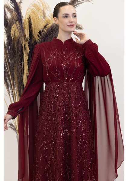 Kolları Pelerinli Ezgi Tesettür Abiye Bordo fiyatları