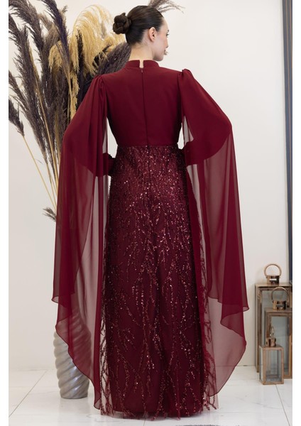 Kolları Pelerinli Ezgi Tesettür Abiye Bordo modelleri