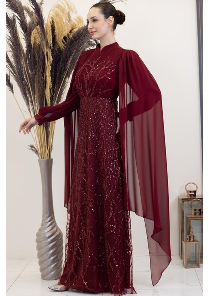 Kolları Pelerinli Ezgi Tesettür Abiye Bordo fırsatları